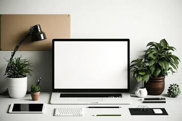 Office supplies, copy space, and laptop mockup. Generative AI