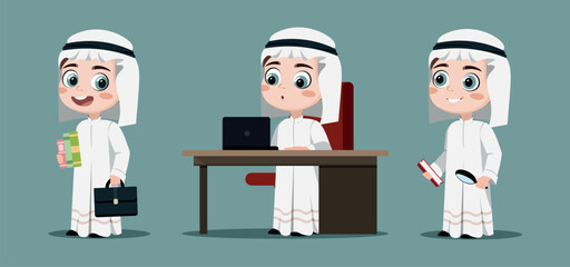 Vector illustration of a cute and handsome guy in traditional Islamic clothes on a white background. Muslim boy characters: with briefcase and books, sitting at laptop, and standing in cartoon style.