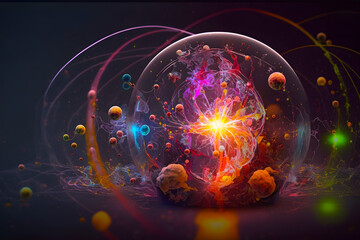 Collision of nuclei of elementary particles, image of nuclear reactions in the model. An explosion with the release of a huge amount of heat and power and light. Generative AI