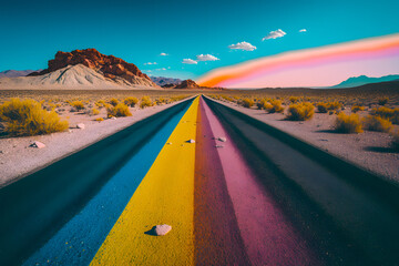 Wall Mural - The concept of a colored rainbow road path among the monotonous rocky stony desert sand. Generative AI