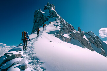 group of mountain climbers climb the slope to the peak in sunny weather with sledges and tents equip