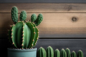 Poster - Green cactus against wooden wall. Generative AI