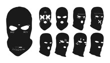 Gangster Masks With Images And Inscriptions, Stylish Balaclavas With Patterns In The Form Of Gangster Tattoos, Stylish Gangster Masks From Different Angles (straight, Side, Perspective). Vector Gang