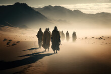 Group Of People In Robes Walking In The Desert Created With Generative AI Technology.