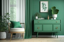 Illustration Mockup Of A Green Interior With A Dresser, A Curtain, And Accessories. Generative AI