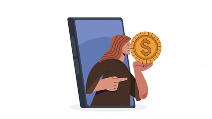 Poster - woman in smartphone with coin animation