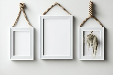 Wall Mural - Three white blank photo frames mockup on white concrete wall with ropes. Generative AI