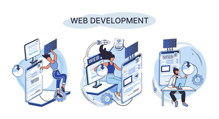 Web development metaphor, coding and programming responsive layout internet site or app of devices. Creation digital Software mobile, desktop platforms. Computer code, tablet, phone, digital business