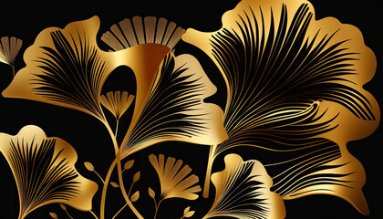 Golden Ginkgo leaves background vector. Luxury Floral art deco. Gold natural pattern design Vector illustration generative ai