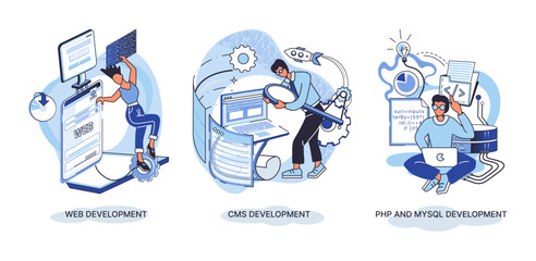 Website architecture concepts metaphor. Web development, PHP and MySQL, CMS, interface design, software testing. Creation digital Software mobile, desktop platforms. Digital content management system