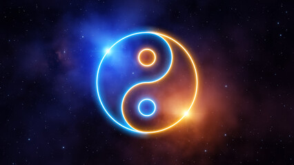 Poster - yin yang neon light symbol in blue and orange colors on a background of the universe with nebulae