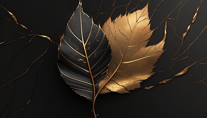 Wall Mural - Wallpaper of a black leaf transforming into a golden leaf