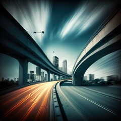 Sticker - Highway overpass motion blur with cityscape skyline, generative ai