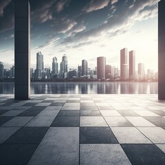 Wall Mural - View from above of a barren concrete floor with a city skyline, generative ai