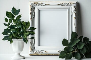 Sticker - A white wooden background has a blank vintage photo frame with a green houseplant in a white vase. Generative AI