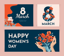 Flat Illustrations Of Woman And Flowers. March 8th Template. International Women's Day Set Of Banners
