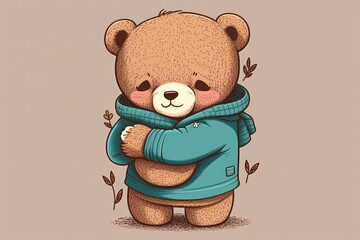 Wall Mural - Illustration of a cute bear doll hugging a free sweater. Generative AI