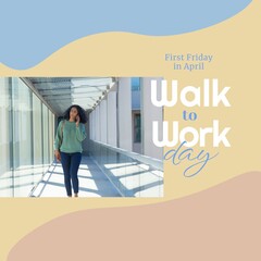 Sticker - First friday in april, walk to work day text and biracial woman taking on phone in office