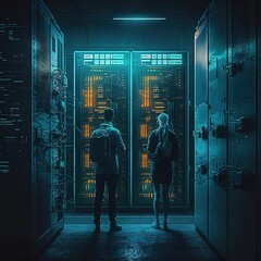 Poster - Working Data Center Full of Rack Servers and Supercomputers with Internet connection, generative ai