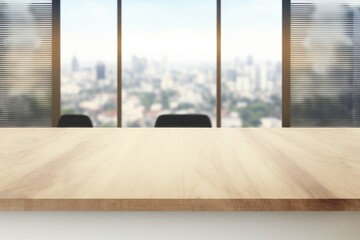 Sticker - Close-up, mock-up of an empty office with a wooden desk and vacant space on a modern boardroom background with a huge window. Generative AI