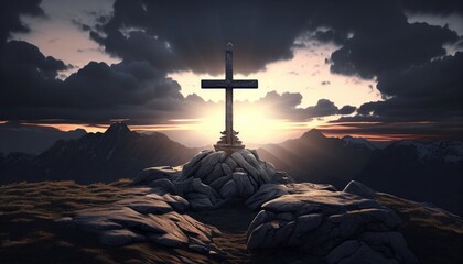 Wall Mural - Christian cross on the mountain with sunset and beautiful sky. Mountain summit cross. Generative AI