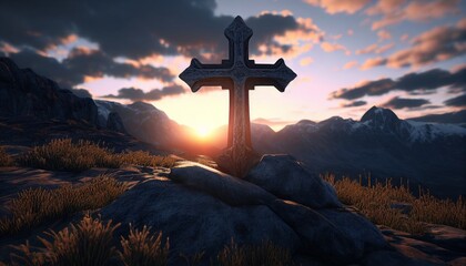 Wall Mural - Christian cross on the mountain with sunset and beautiful sky. Mountain summit cross. Generative AI