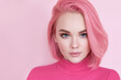 © PixlMakr - Portrait of a woman with pink hair and a pink sweater on a pink background. Generative AI