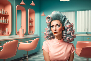 Futuristic portrait of a woman in pastel colors made in the retro style of the 60s and 70s. The concept of a hairdresser and beauty salon. Generative ai