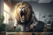 Angry Lion Head Businessman Man Screaming In His Office With Clenched Fists. Growling In Anger. White Shirt And Tie.