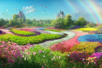 a fantastic panorama of a colorful flower garden with butterflies, rainbows and a princess castle an