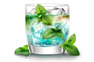 Poster - Mojito Drink in a Shot Glass topped with Ice and Mint. Generative AI