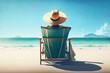Woman enjoying sunbathing on the beach sitting in chair (Generative AI)