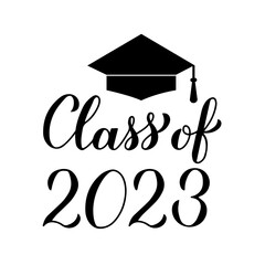 Wall Mural - Class of 2023 lettering with graduation cap isolated on white. Congratulations to graduates typography poster. Vector template for greeting card, banner, sticker, label, t-shirt, etc