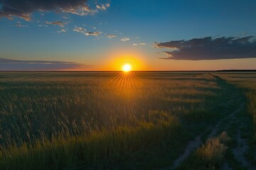 Sticker - Sunrise over the summer horizon in a field. Blue clouds in the fall sky, where the sun is shining brightly. Sunset over a grassy landscape in Russia's Saratov area. Generative AI