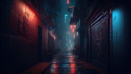 3D rendered computer generated image of a futuristic neo cyberpunk urban alleyway. Bright blue light in empty alley with no people. Inner city buildings and modern architecture look and feel