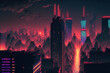 futuristic neon lit city. View of the city at night, with neon lights, city lights, and tall skyscrapers. Generative AI