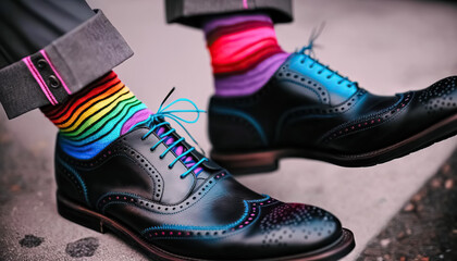 Bright funny socks, trendy shoes and men's legs. Fashion, style, beauty. digital ai art
