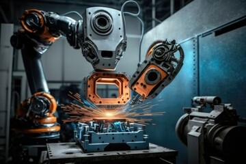 Sticker - Spot welding robots are used to put together vehicle parts. Production of high tech cars using a hands off robotic system. Generative AI