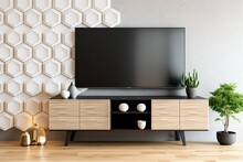 Japanese-style Wooden Floor And Tv Cabinet With Wooden Hexagonal Tiles On The Wall. Generative AI