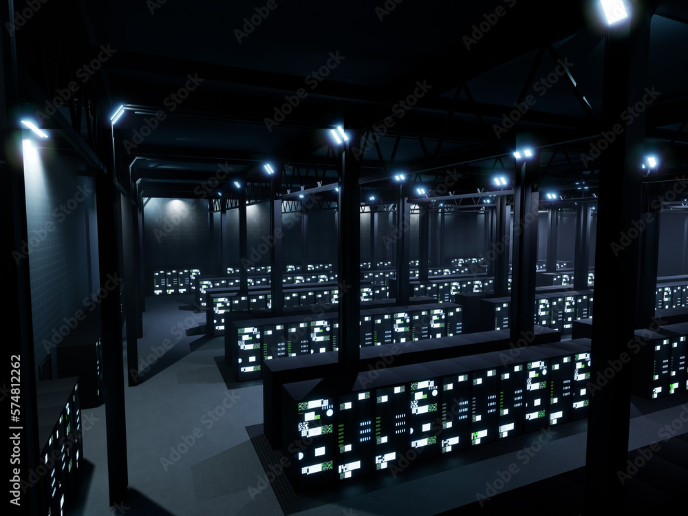 Cyber security data center with hardware cabinets, modern server room ...