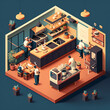 isometric illustration of a restaurant kitchen, with chefs cooking, waiters delivering food, and a bustling atmosphere. Use warm, inviting colors to make the viewer feel like they're part of the actio
