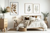 Fototapeta Boho - Scandi-Boho bedroom interior with white walls and natural wood furniture, mock-up frame background. Generative AI