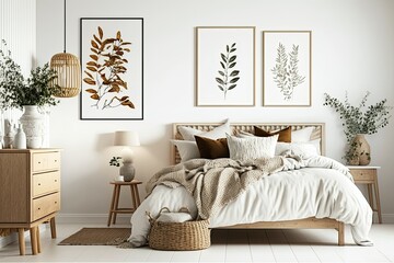 Wall Mural - Scandi-Boho bedroom interior with white walls and natural wood furniture, mock-up frame background. Generative AI