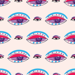 Hand drawn seamless pattern with esoteric eye , All-seeing eye  Magic, occult symbol, sacred art  Template design fabric, textile  Vector Modern mysthic graphic background illustration