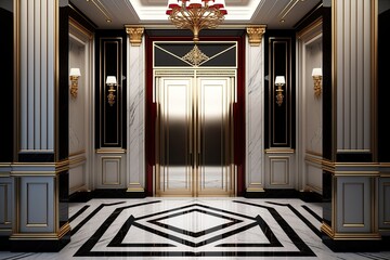 Wall Mural - lobby of a five star hotel including marble floors and gold accents on the elevator doors. Generative AI