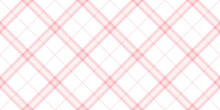 Seamless Diagonal Gingham Plaid Pattern In Pastel Rosy Pink And White. Contemporary Light Barbiecore Striped Checker Fashion Background Texture. Baby Girl's Trendy Tartan Textile Or Nursery Wallpaper.