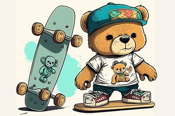 Poster - Toy teddy bear wearing skate king tee and skating next to skateboard graphic. Generative AI