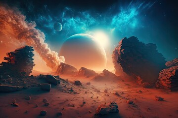 Canvas Print - mars is experiencing a dust cloud. mars at dusk. rubble strewn martian terrain. generative ai