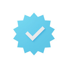 Blue check mark, side angle view, isolated, social media verified, white background, 3D Rendering 