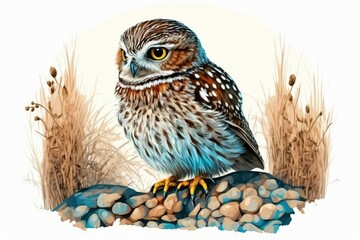 Poster - Bird of prey, a tiny owl, on the search for a mouse in the countryside. Generative AI